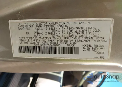 2003 Toyota Tundra z USA, uszkodzony, nr VIN 5TBJN32153S406105